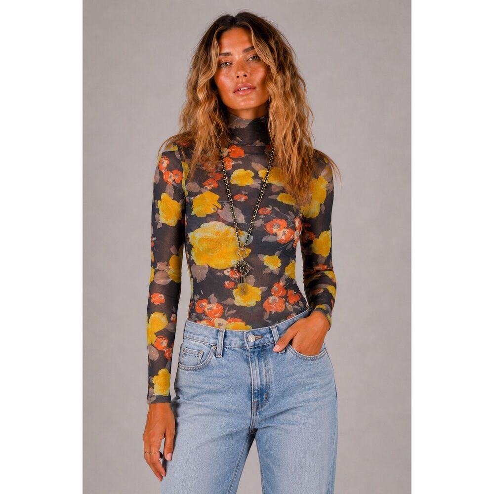 Sweet Pea by Stacy Frati Floral Mesh Turtleneck Top Sheer Stretch Long Sleeve S